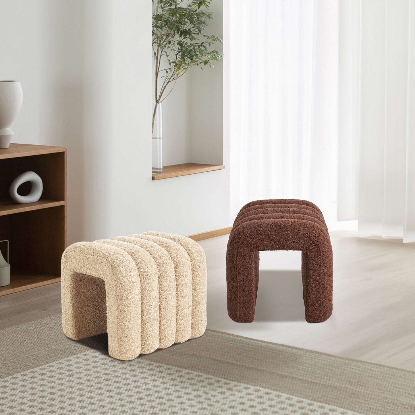 2X Ridge Arch Ottoman Stool Teddy Fleece Fabric Foot Rest 45cm BEIGE