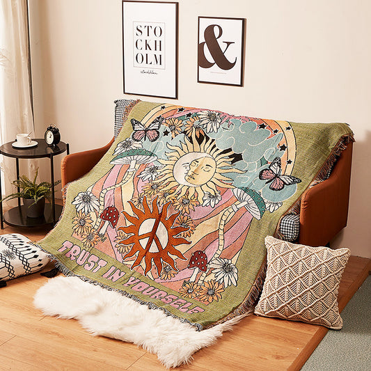Humen Face Sun Artistic Jacquard Throw Blanket - American Style Illustrated Sofa Cover & Tapestry - 130 x 160cm